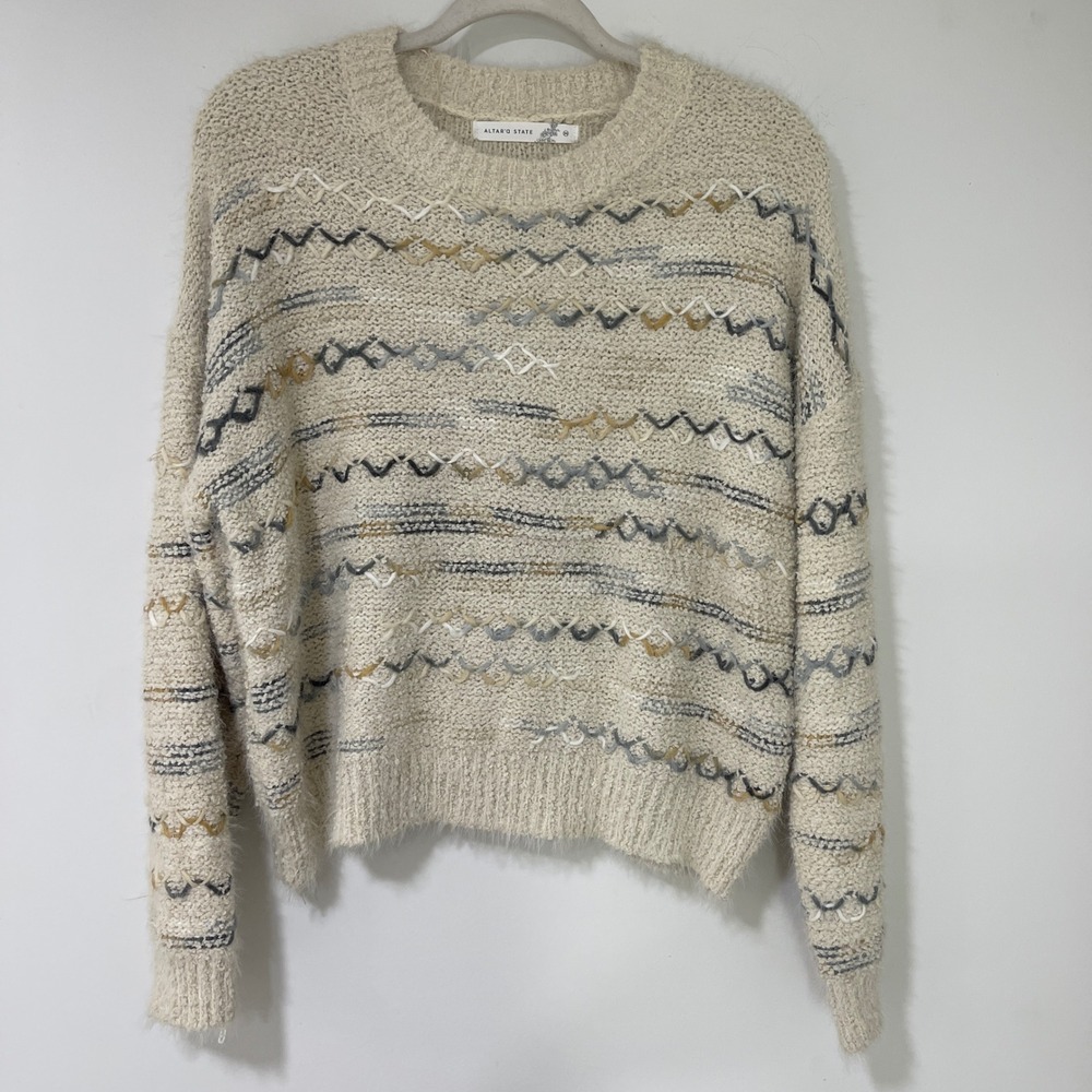 Altar'd State Embroidered Eyelash Knit Sweater Womens Size M Cream Zig Zag Boho